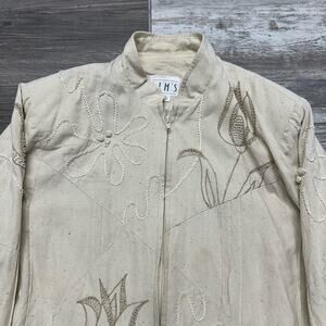 Vintage 80s Lim's Cream Womens M Zip Up Silk Floral Embroidered‎ Flowers Jacket